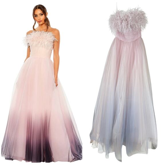 Mac Duggal NWT Ombre Strapless Feather Bodice Tulle Gown *Violet Blue* Size 2 - Picture 1 of 8